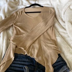 Pretty tan linen cotton blend sweater with bell sleeves